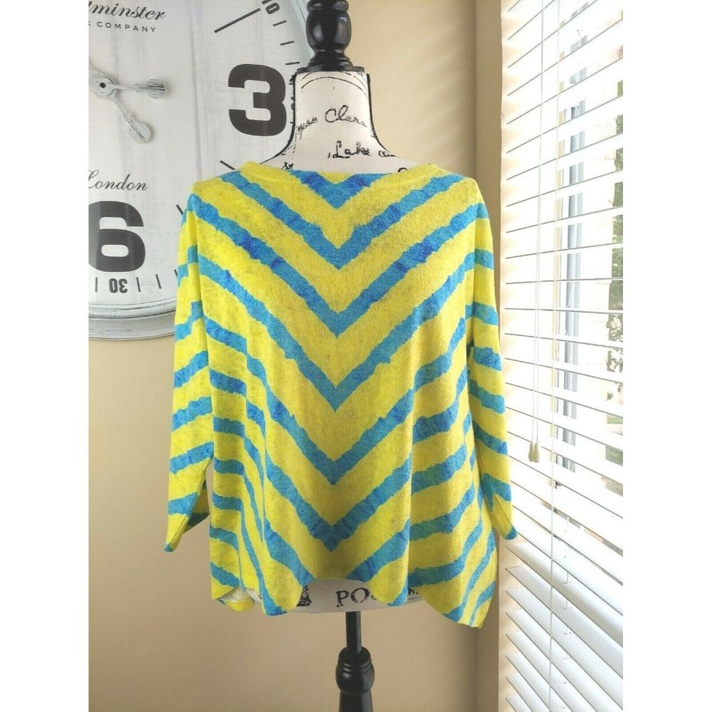 Nally & Millie Women One Sz Hi-low Striped Yellow/Blue  3/4 Sleeve Wrinkle Free